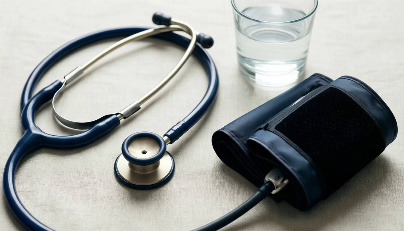 stethoscope and blood pressure cuff arranged on a linen surface