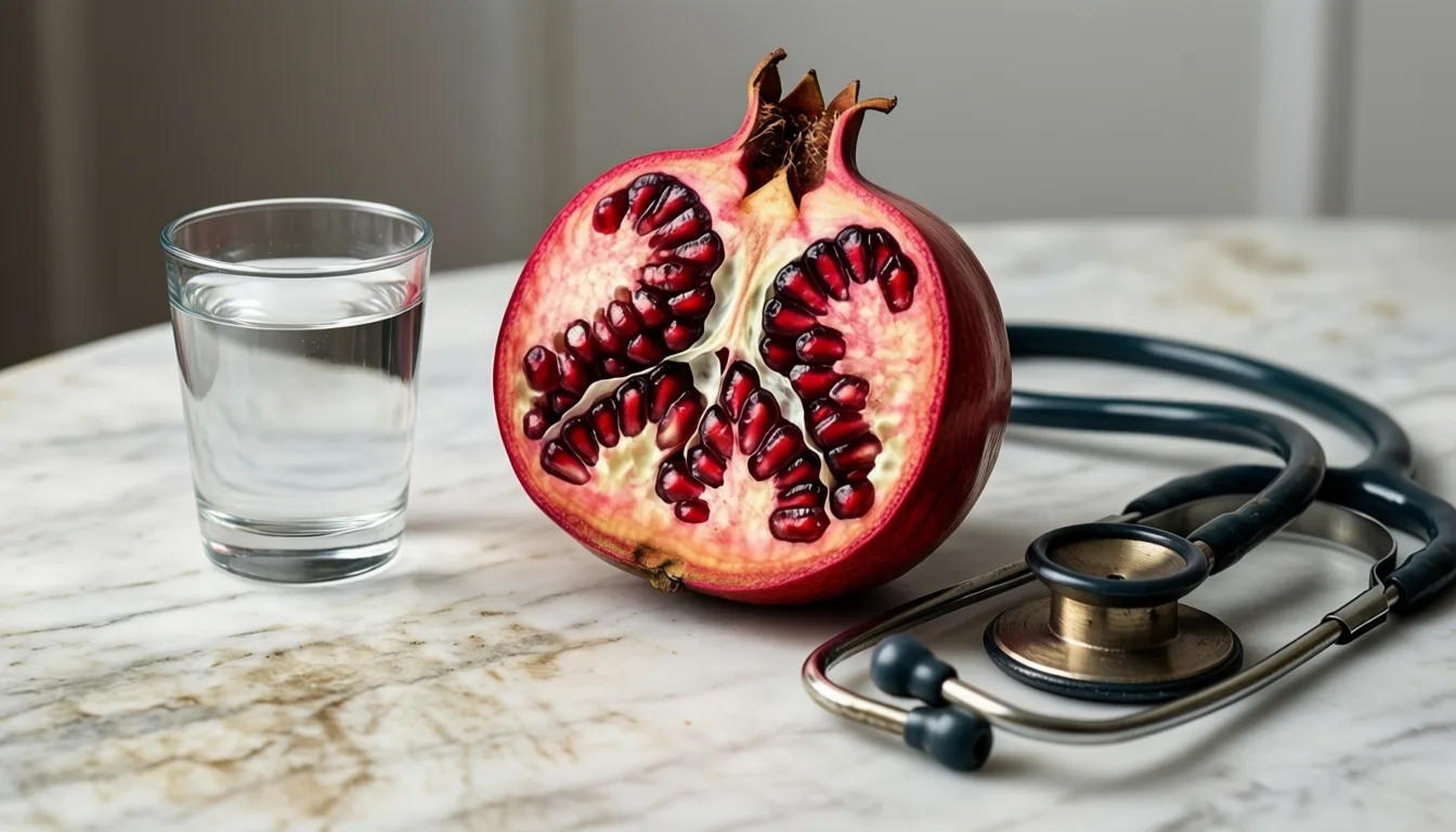 A halved pomegranate, a glass of water, and a stethoscope on a marble surface.