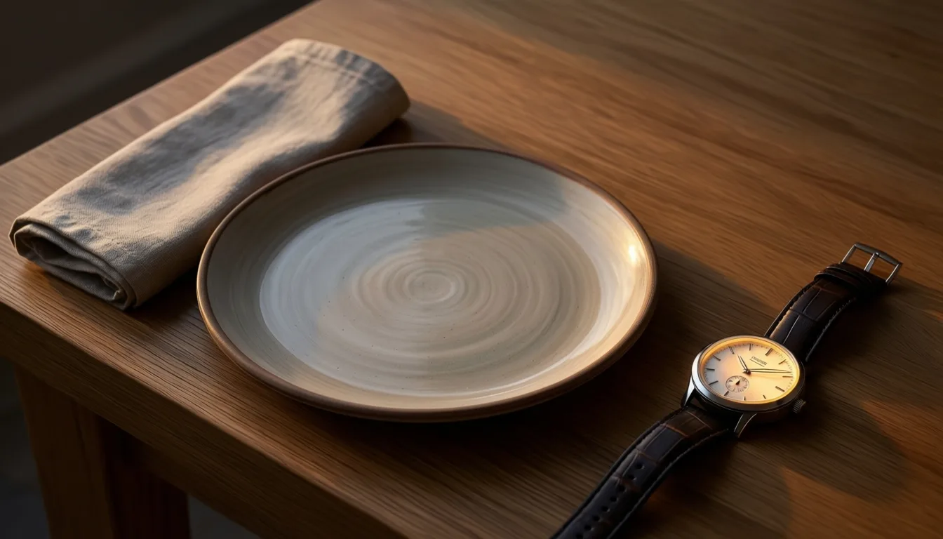 An empty plate beside a wristwatch on a dusk-lit wooden table.