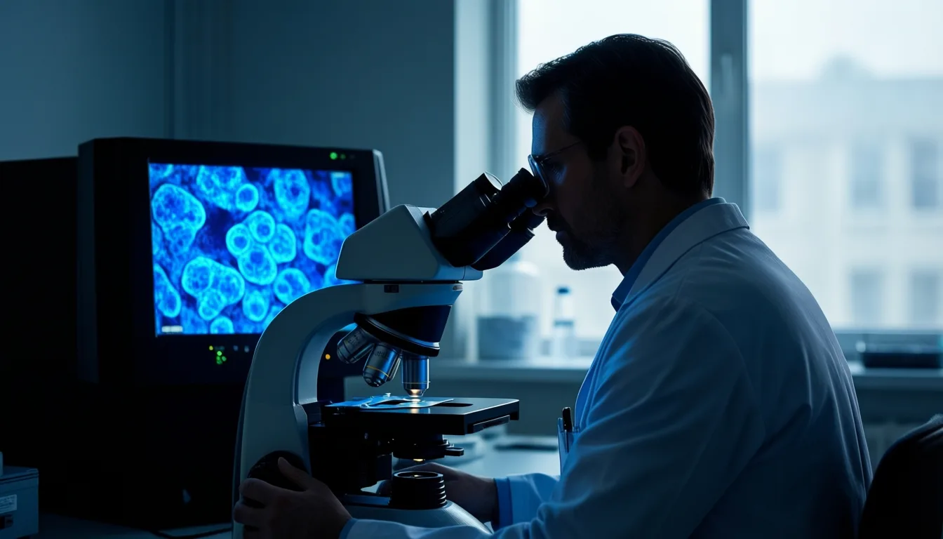 A scientist working at a multiphoton fluorescence microscope in a dimly lit laboratory.