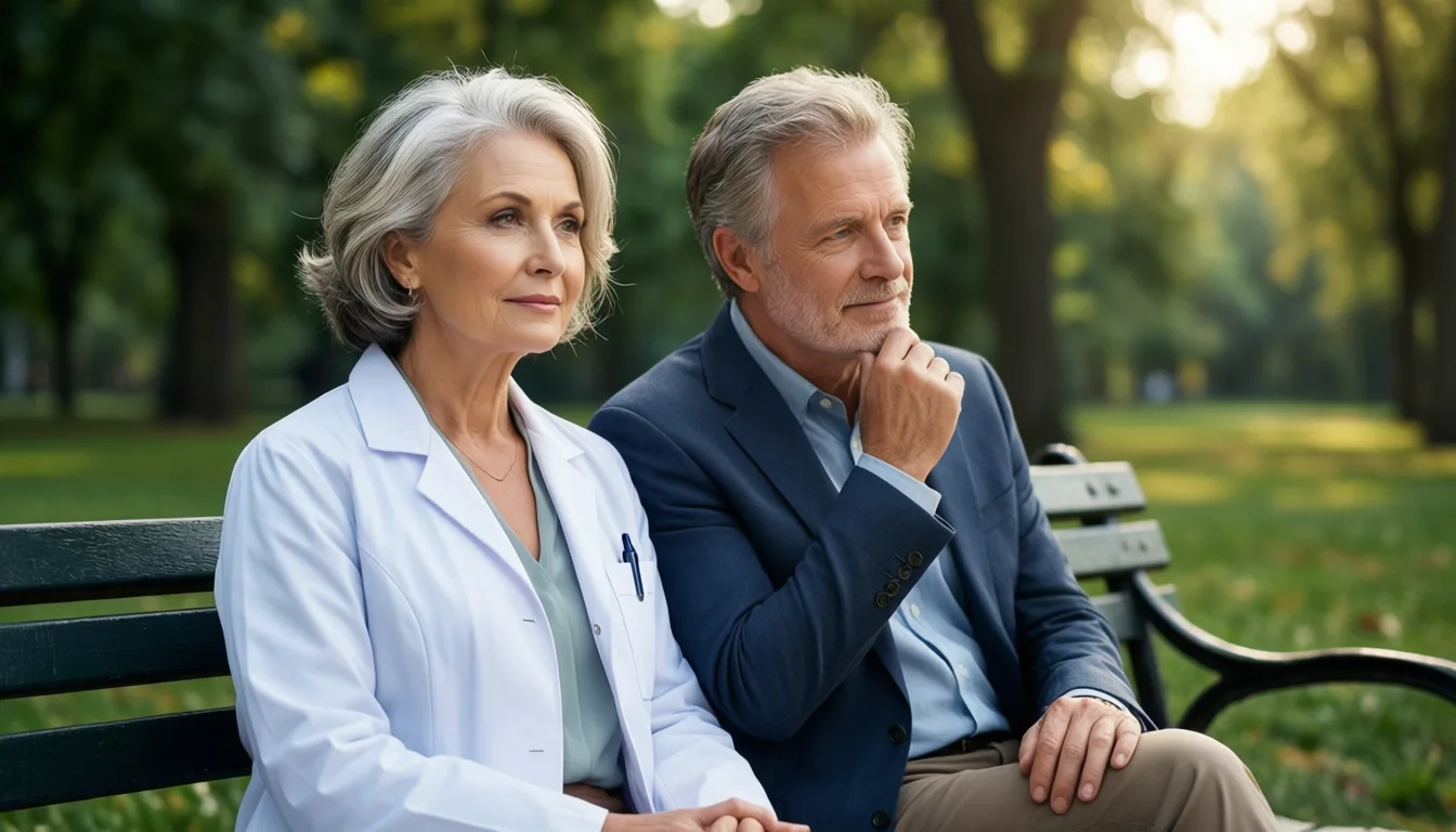 Older woman and man on a park bench in afternoon light