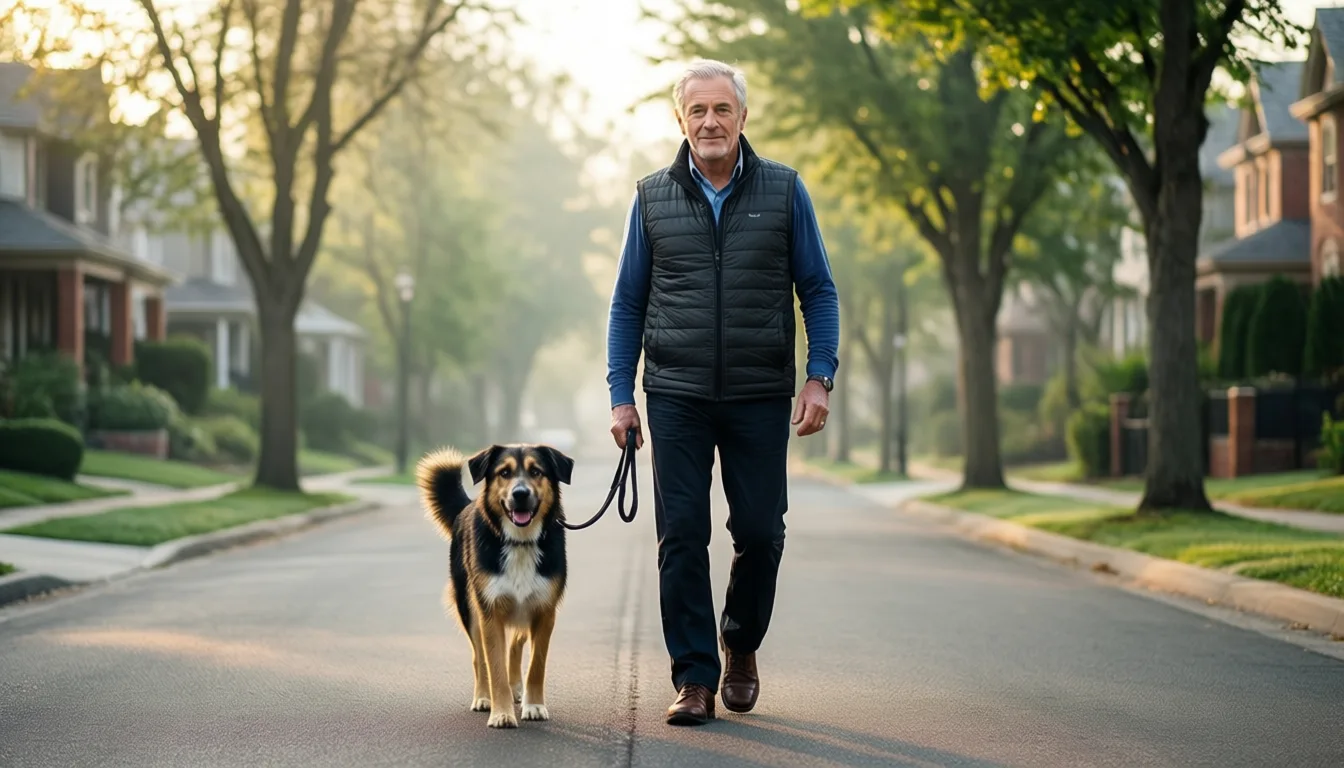 older man walking his dog at dawn on a quiet suburban street