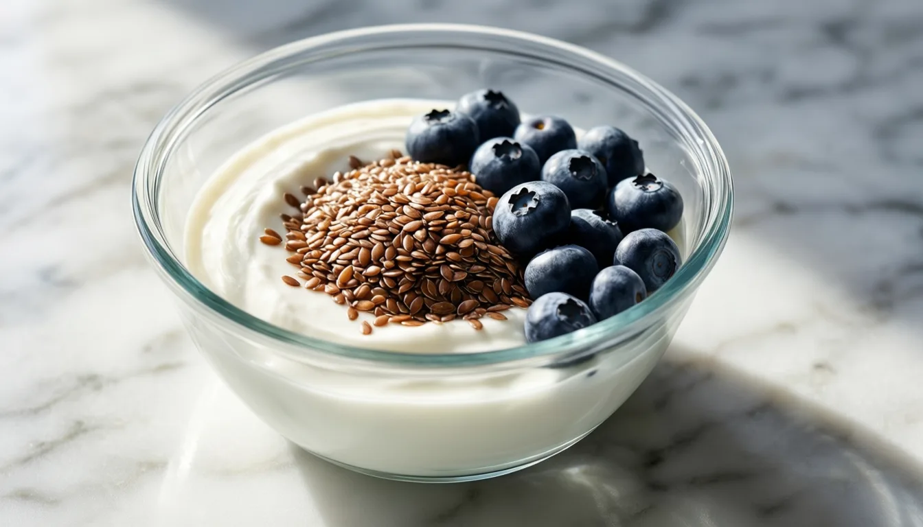 ground flaxseed sprinkled over yogurt and berries