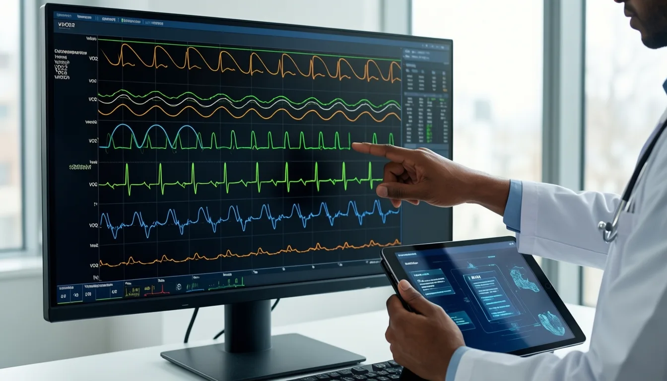 Clinician reviewing CPET output curves alongside an AI-generated interpretation.