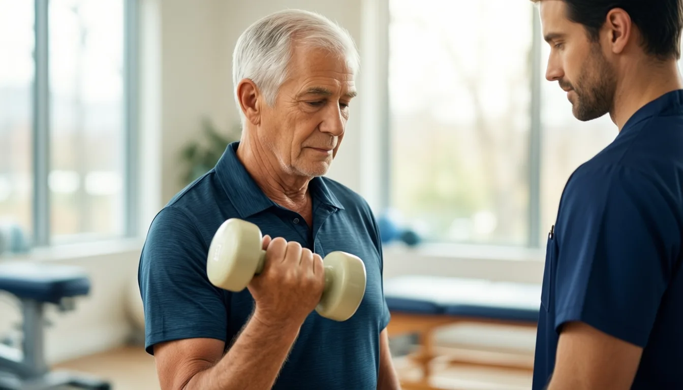 Older adult performing a dumbbell exercise with a coach in a bright gym