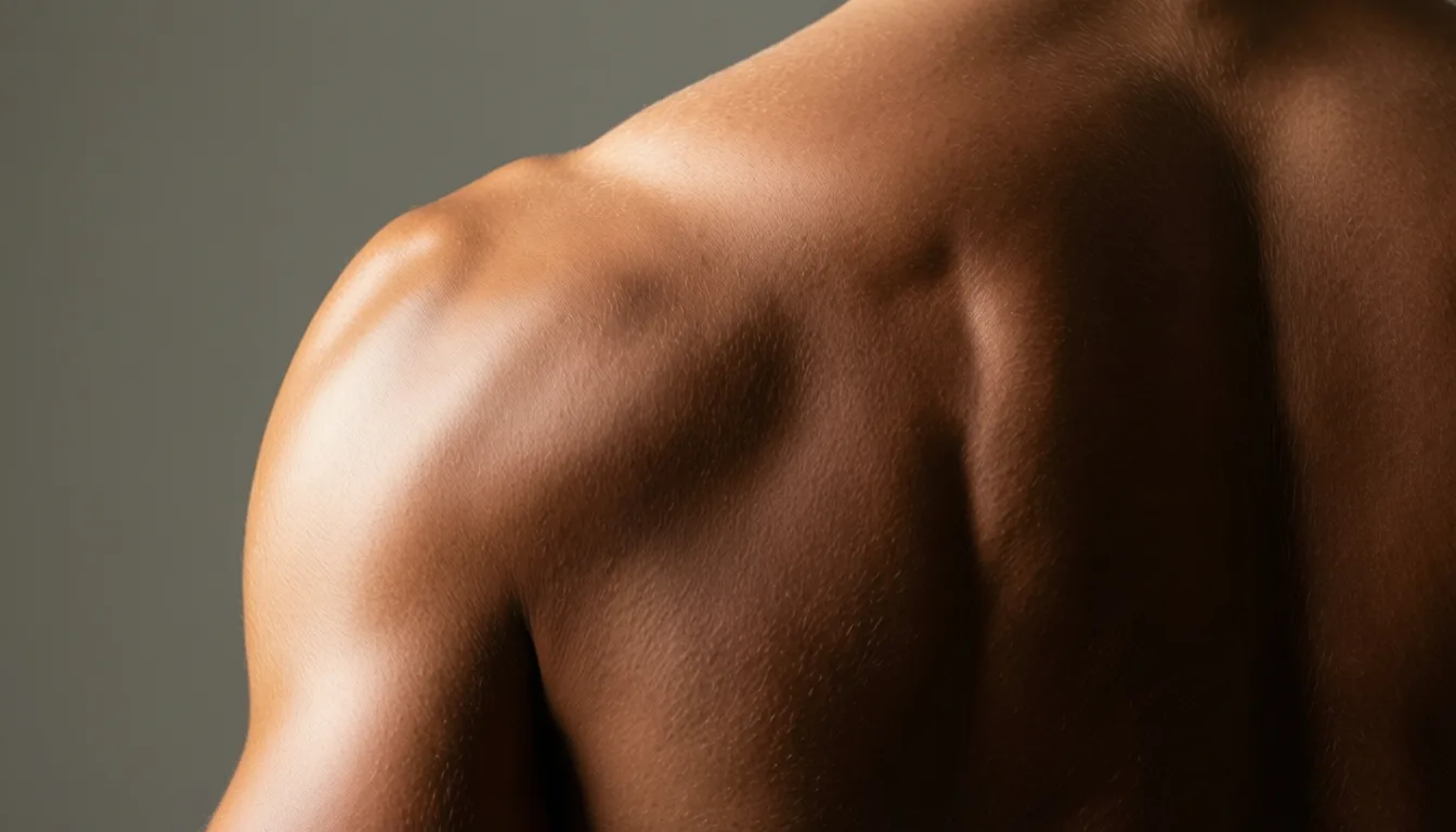 close view of an athlete's shoulder musculature from behind