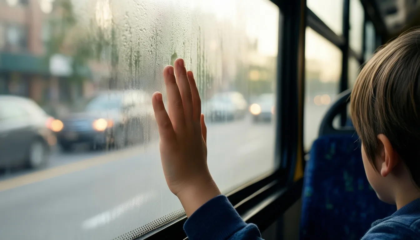 A child's hand on a foggy bus window with city traffic outside