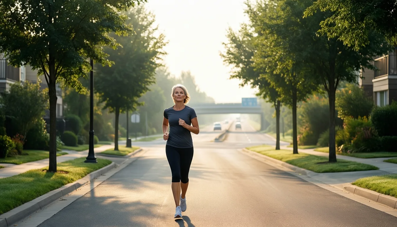 A woman jogging on a leafy residential street at sunrise