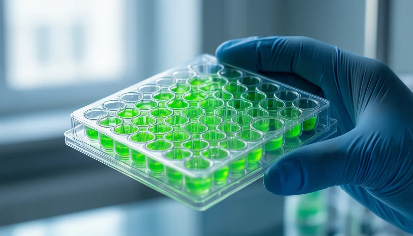 A multiwell assay plate held under laboratory lighting