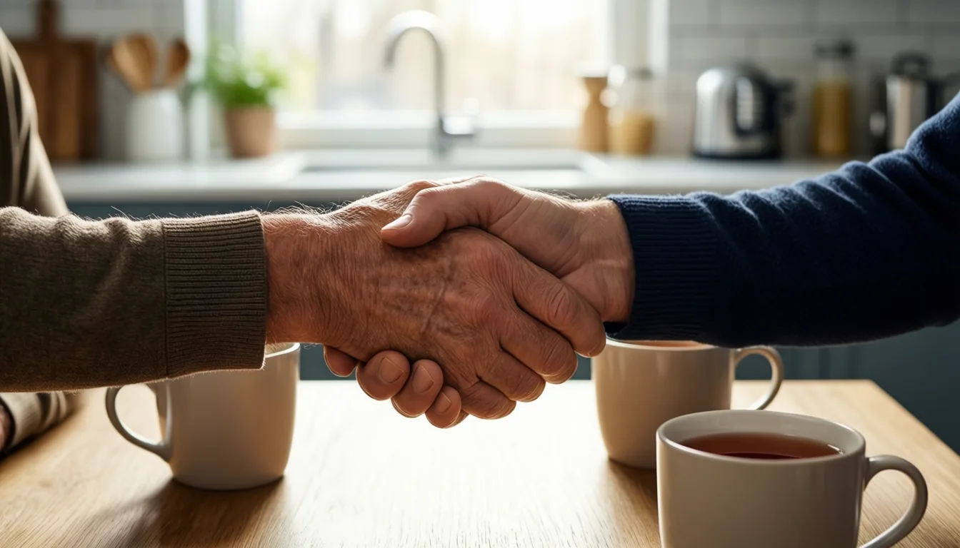 two older men shaking hands across a kitchen table