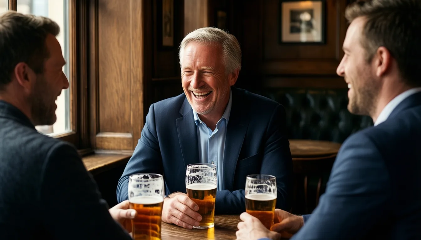 older man laughing with friends in a pub