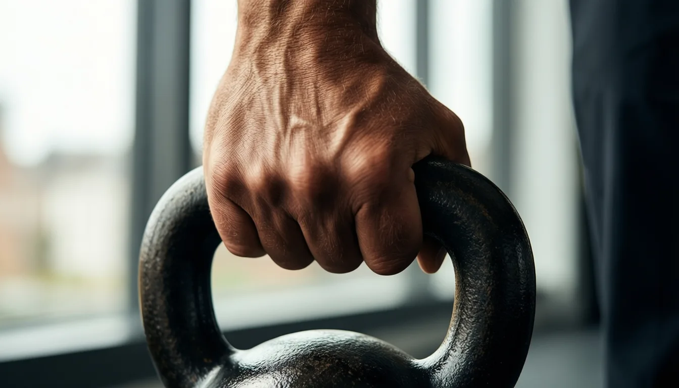 A weathered hand gripping a kettlebell handle in soft natural light