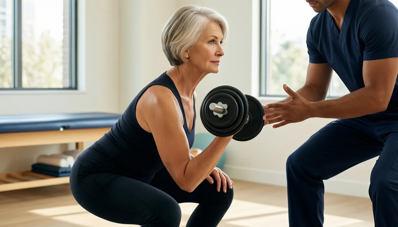 An older woman performing a goblet squat under a coach's supervision