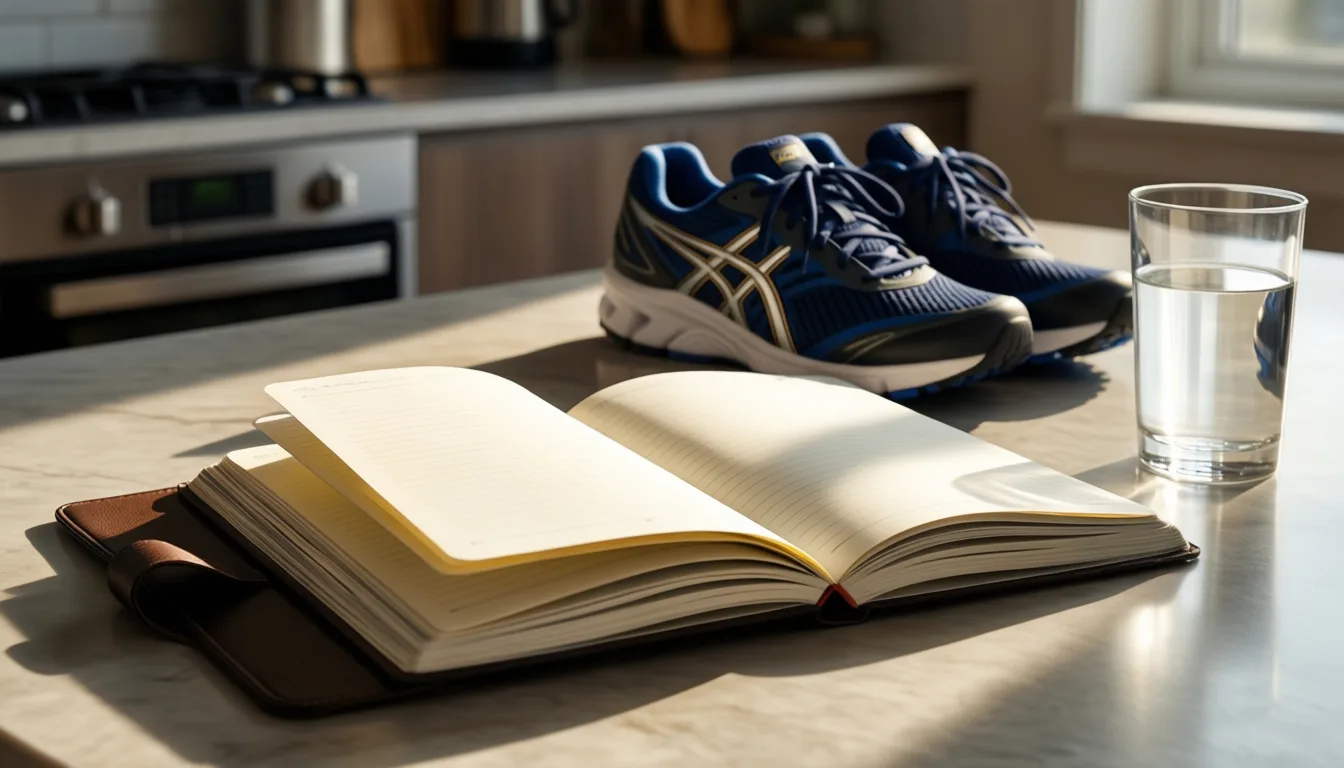 A notebook, running shoes and water glass on a sunlit kitchen table
