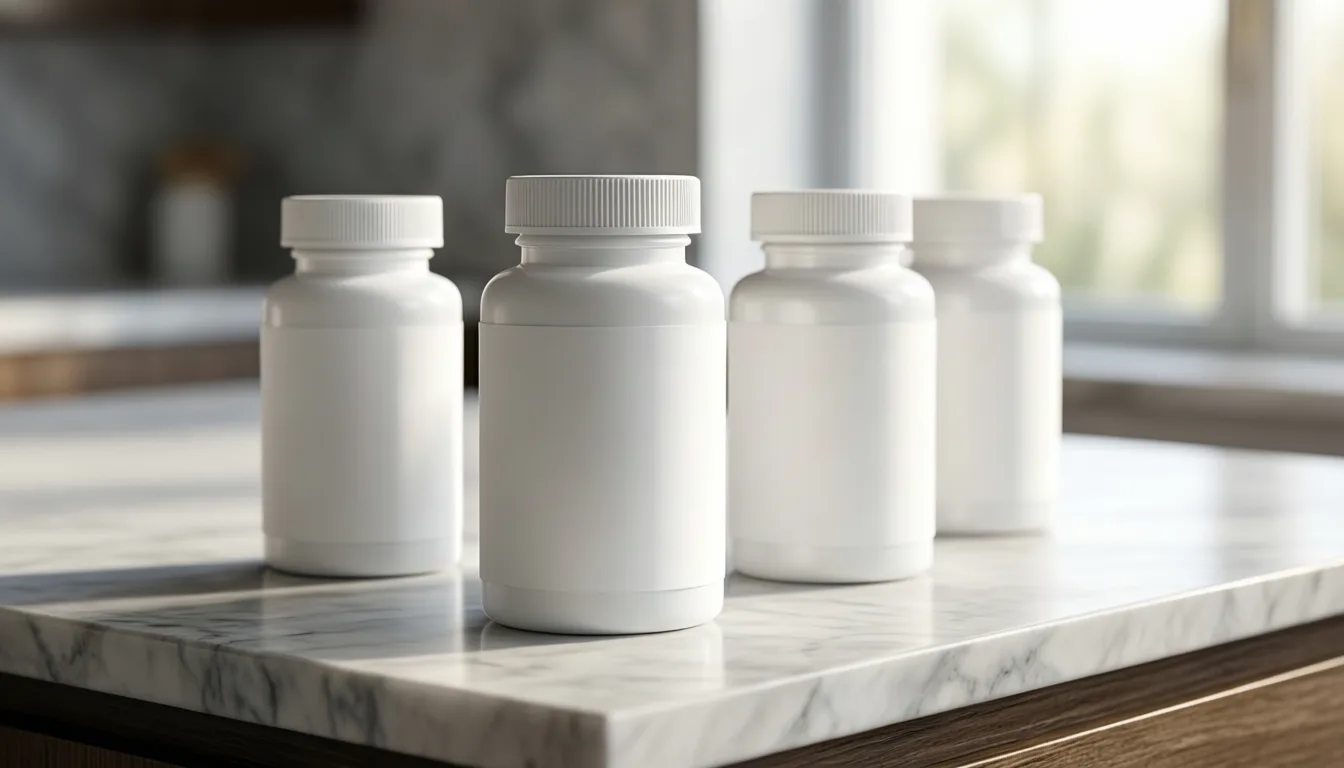 Several unlabeled white pill bottles on a marble counter