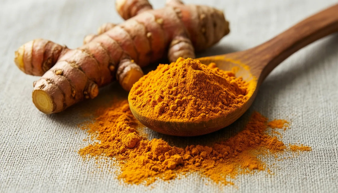 Turmeric powder and root on a linen surface
