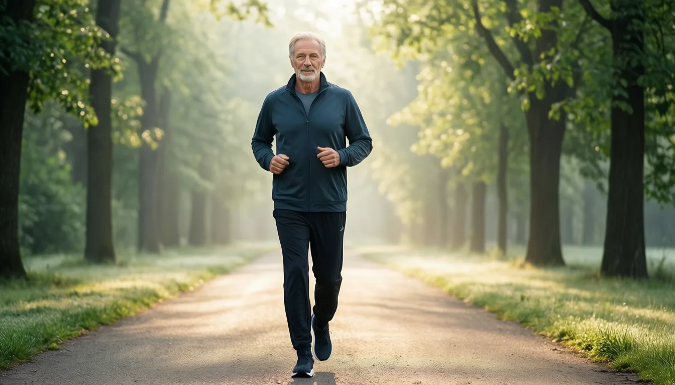 An older man walking on a tree-lined path in early morning