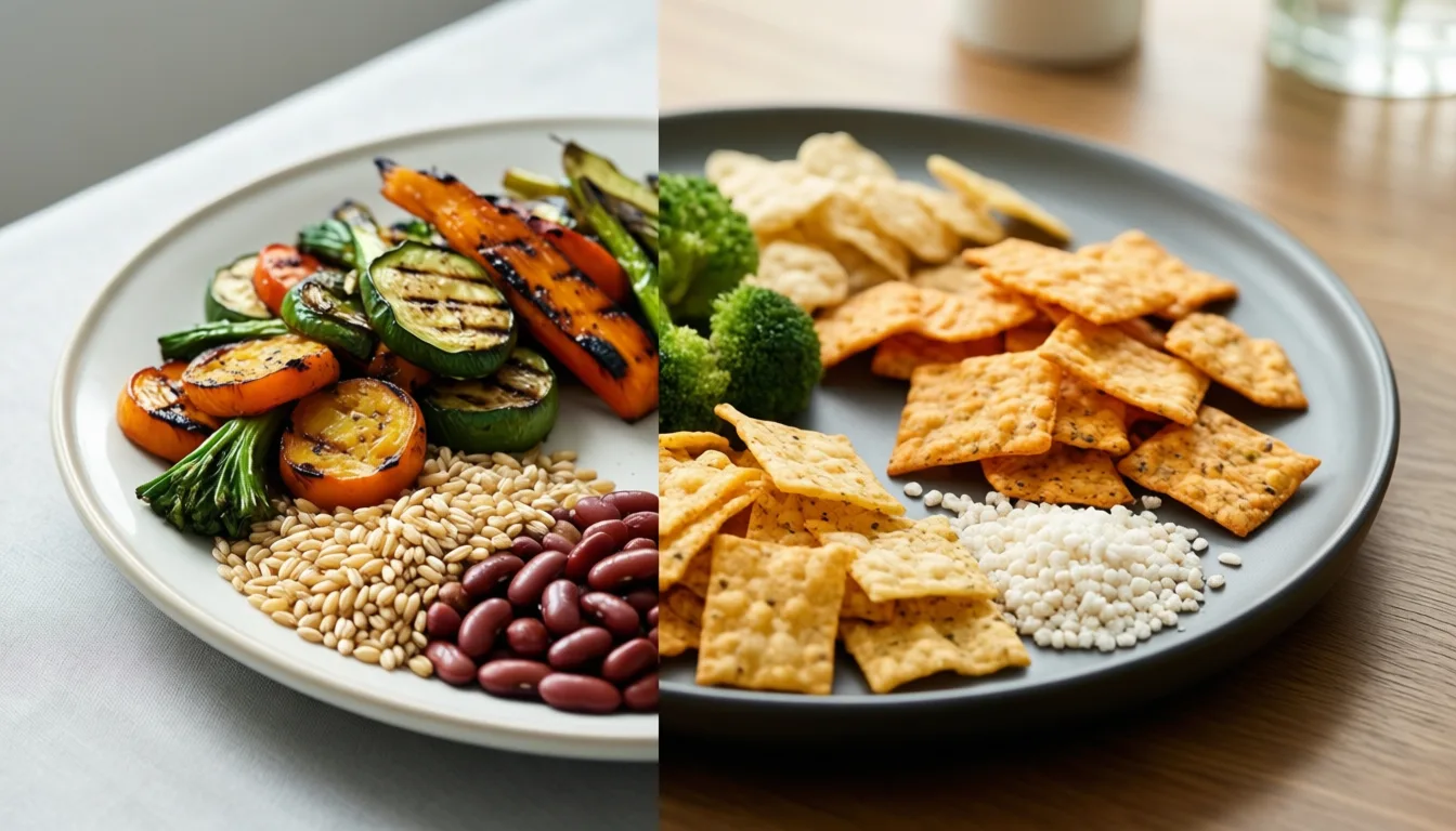 Two plates contrasting whole-food plant-based and ultra-processed foods