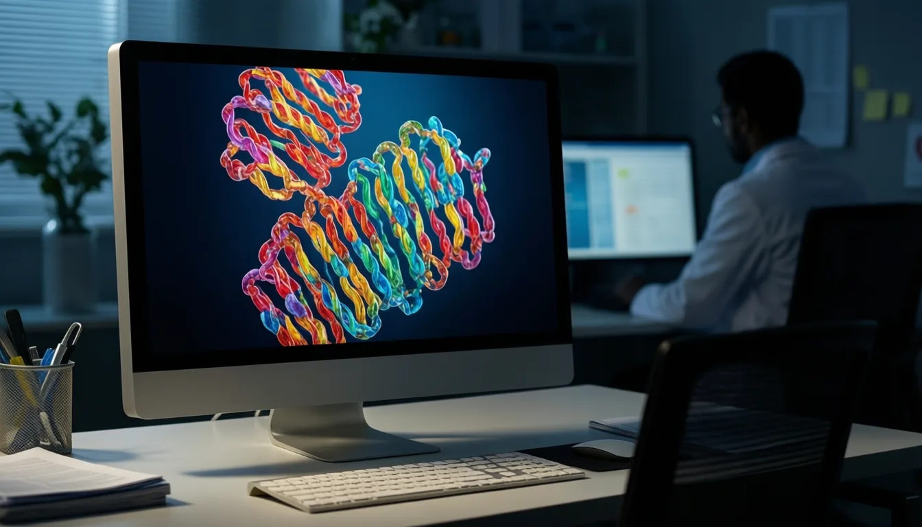 Monitor displaying predicted peptide structures in a research office