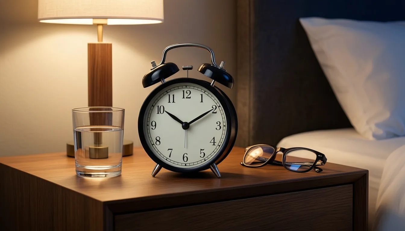Bedside table at night with clock, water glass, and glasses