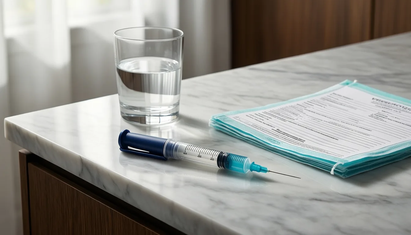 A GLP-1 injector pen beside a glass of water and a consent form on a marble counter