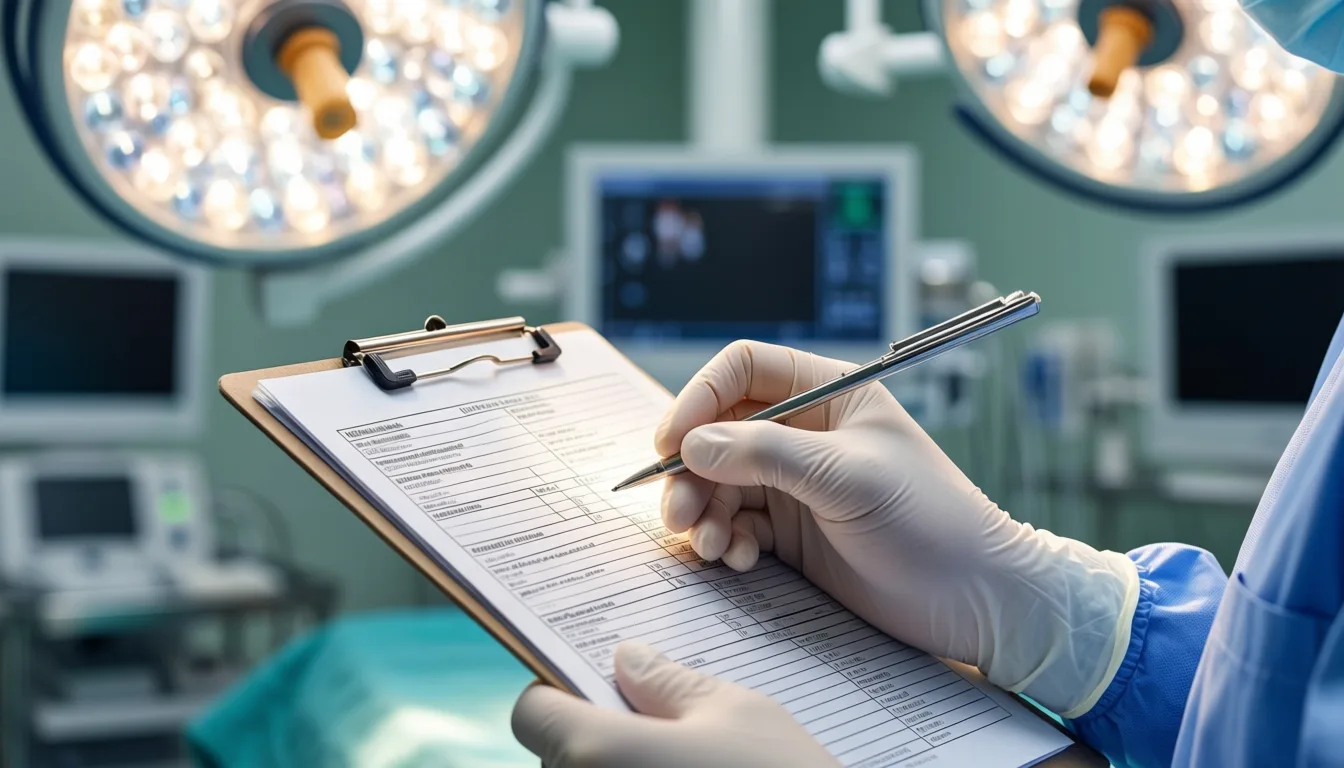 A clinician reviewing a patient's medication list in an operating room