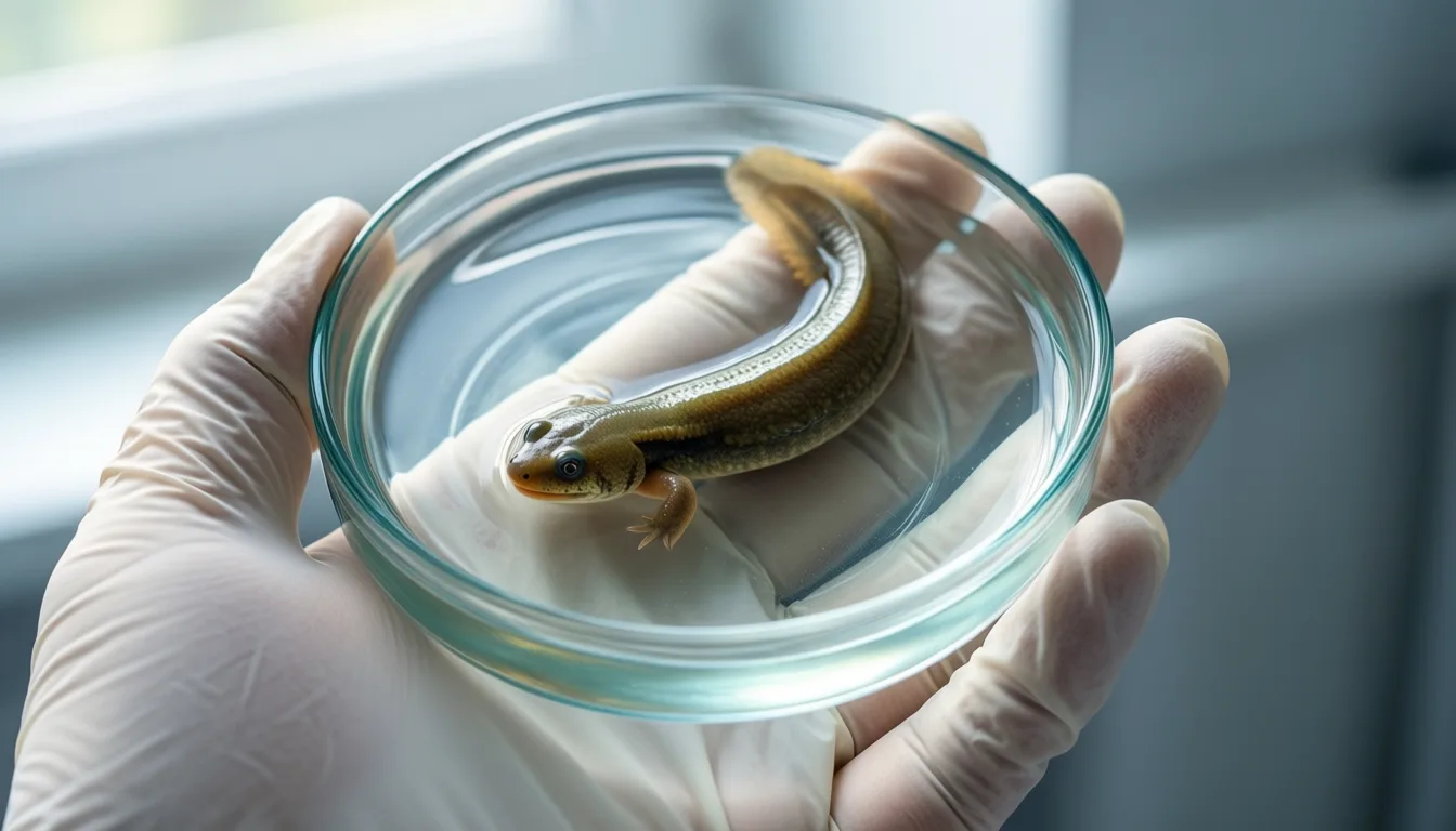 A gloved hand holds a glass dish containing a pale, eyeless cave salamander.