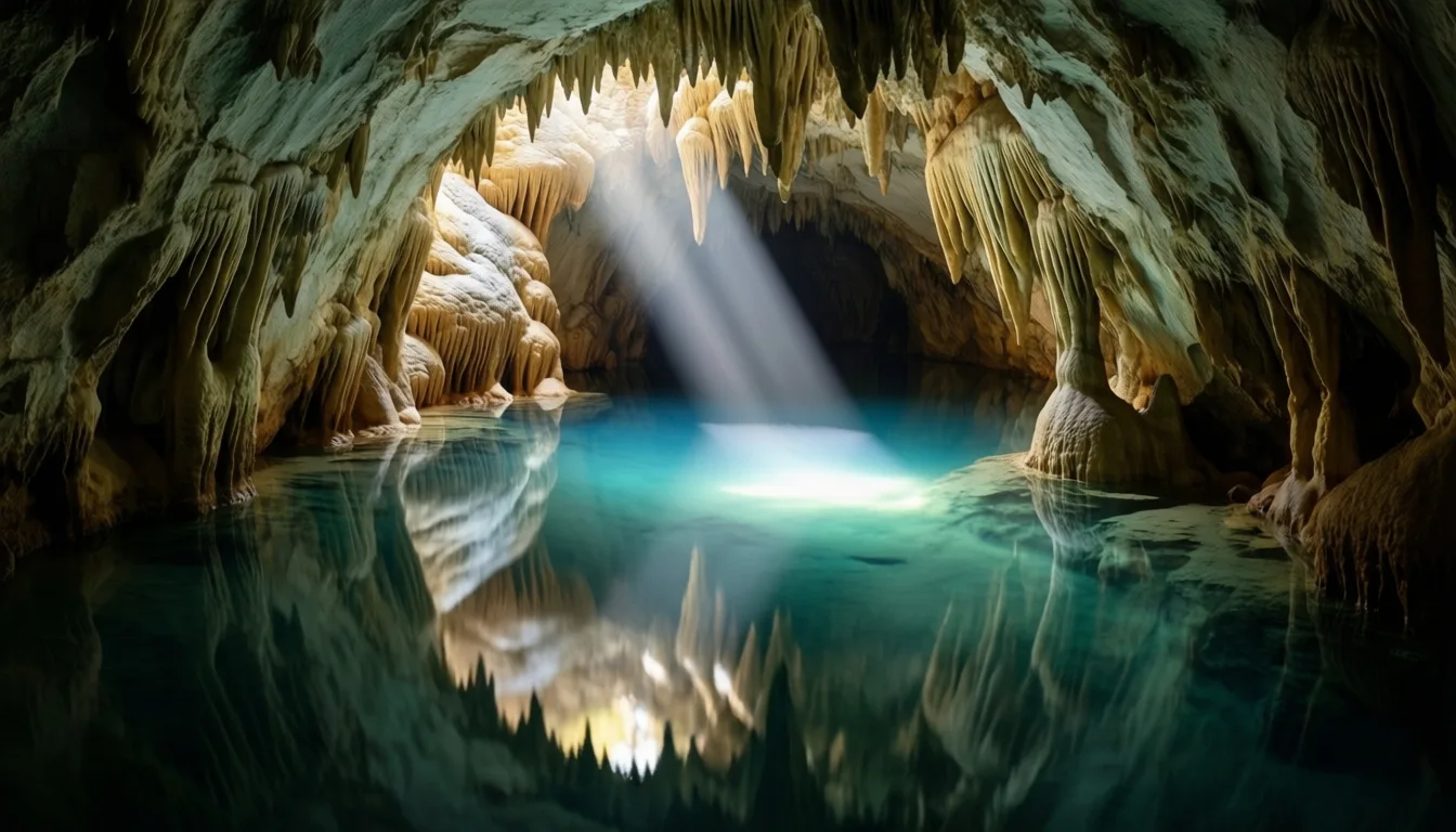 A still underground cave pool lit by a single shaft of light.