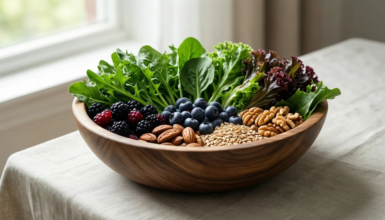 a bowl of fresh whole foods in soft natural light