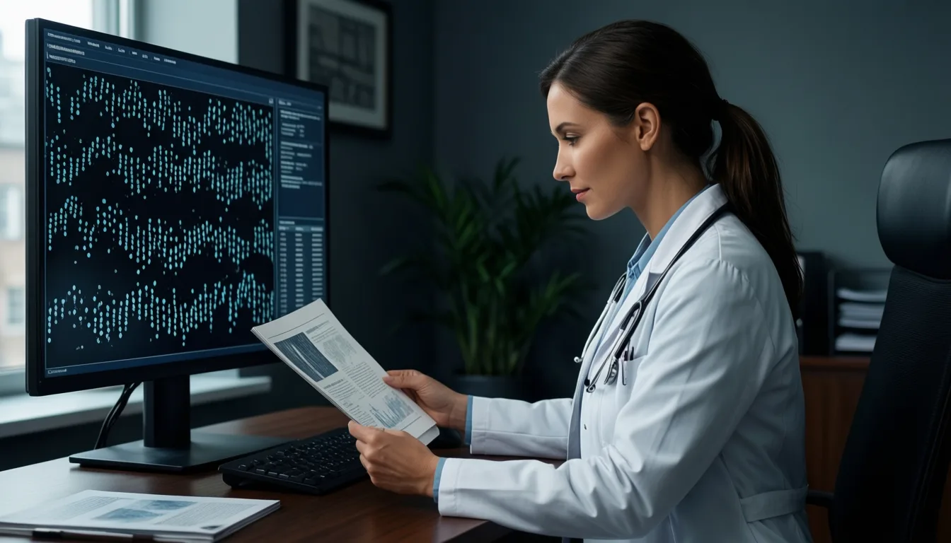 Clinician reviewing genomic data on a monitor