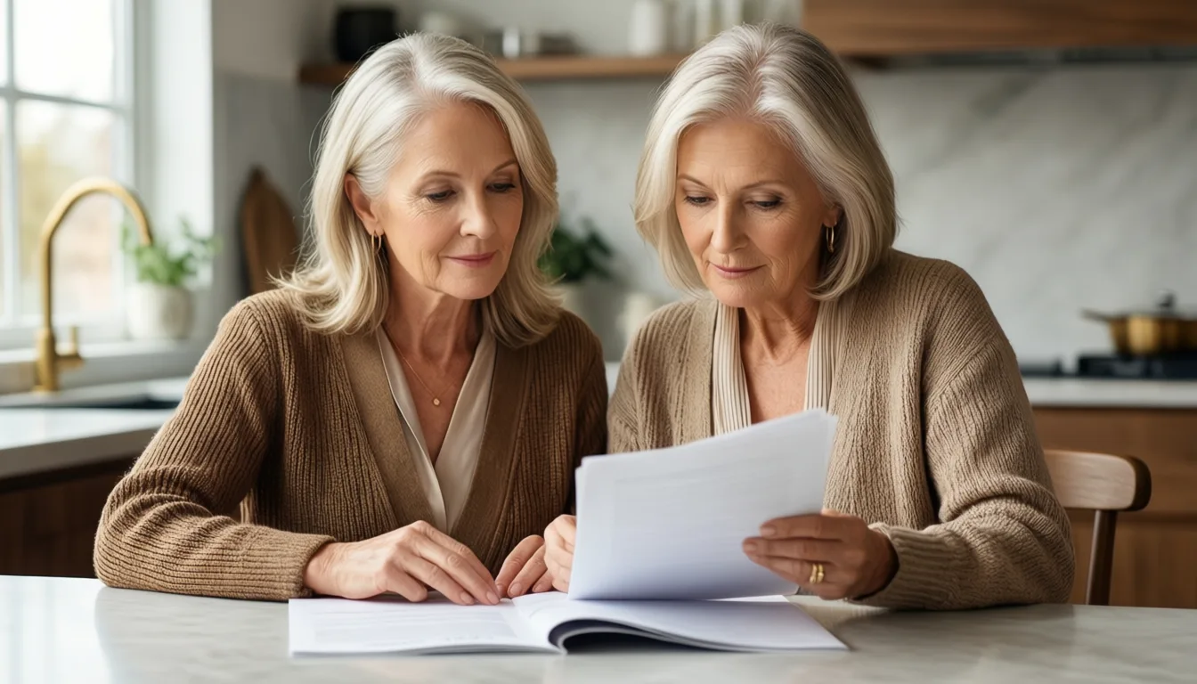 Two older women at a kitchen table reviewing paperwork together