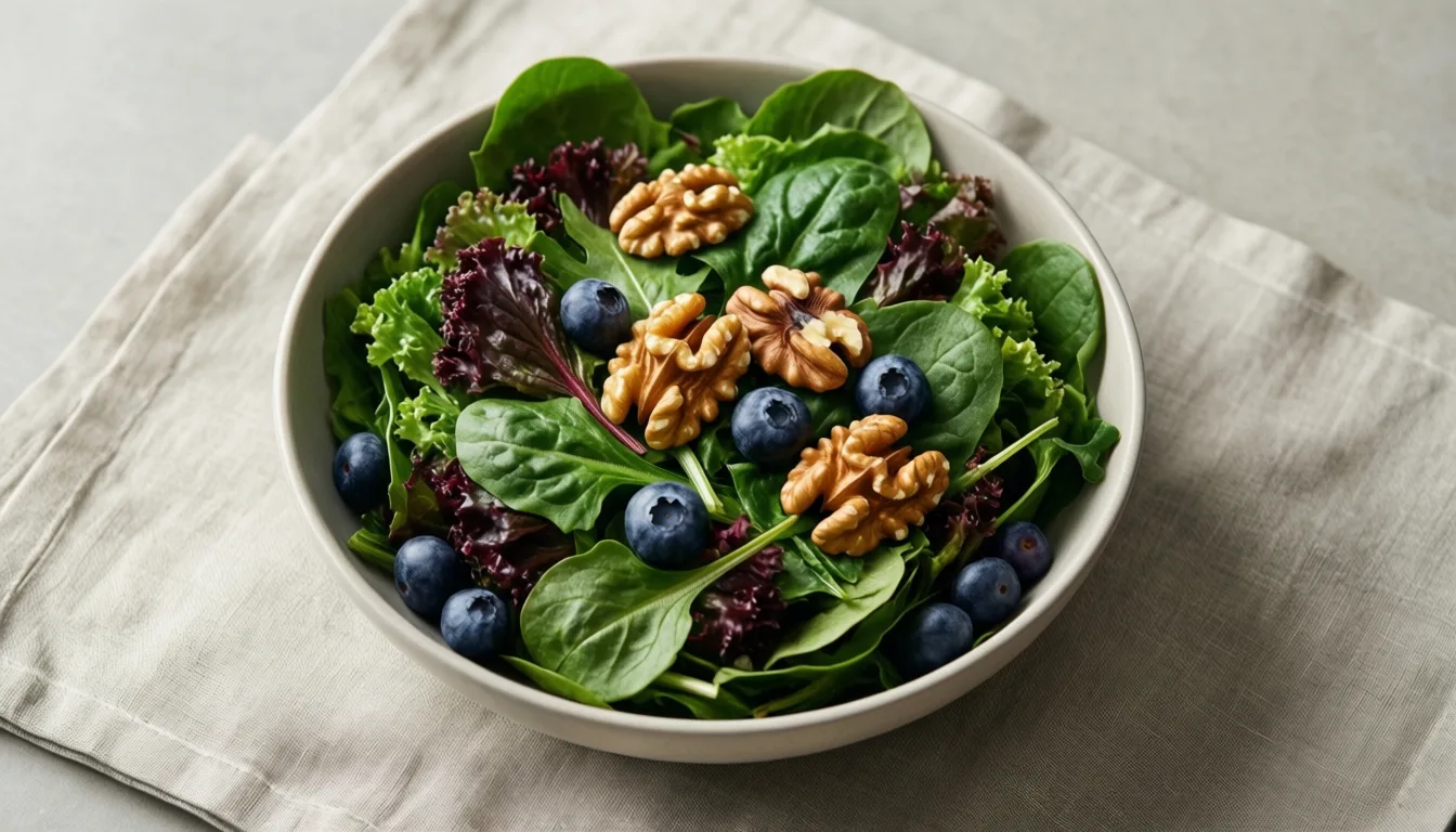 bowl of greens, walnuts and blueberries