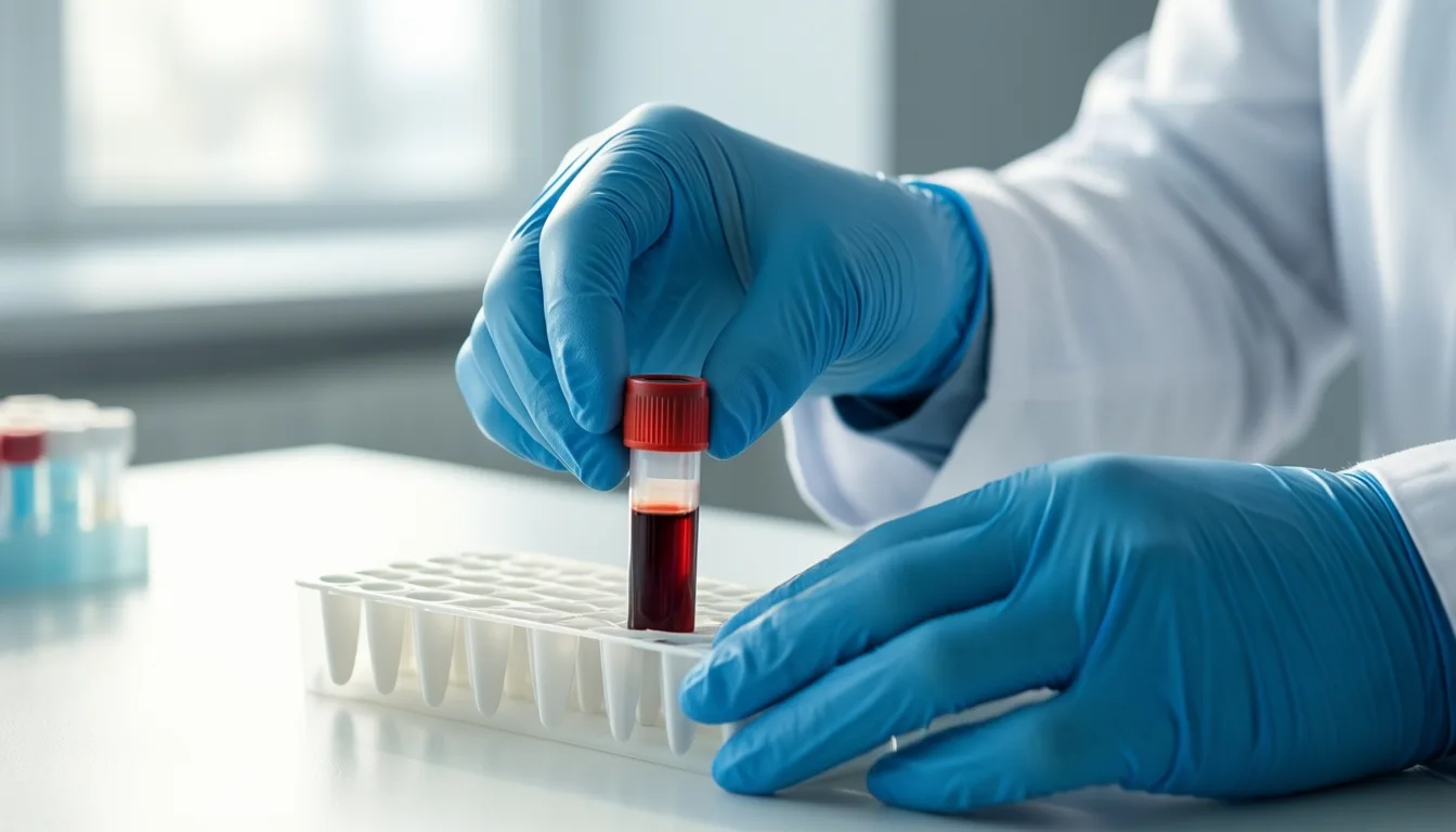 Gloved hands placing a blood sample tube into a rack