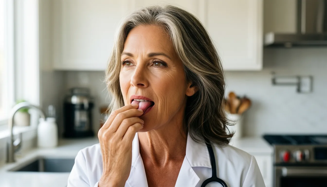 Older woman in a kitchen, mid-expression
