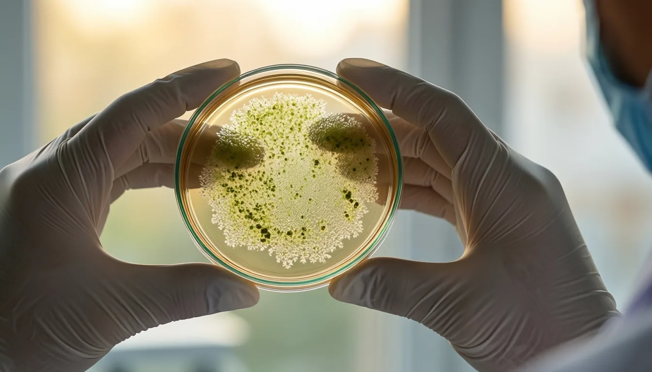 Gloved hands holding a petri dish of yeast colonies in a laboratory