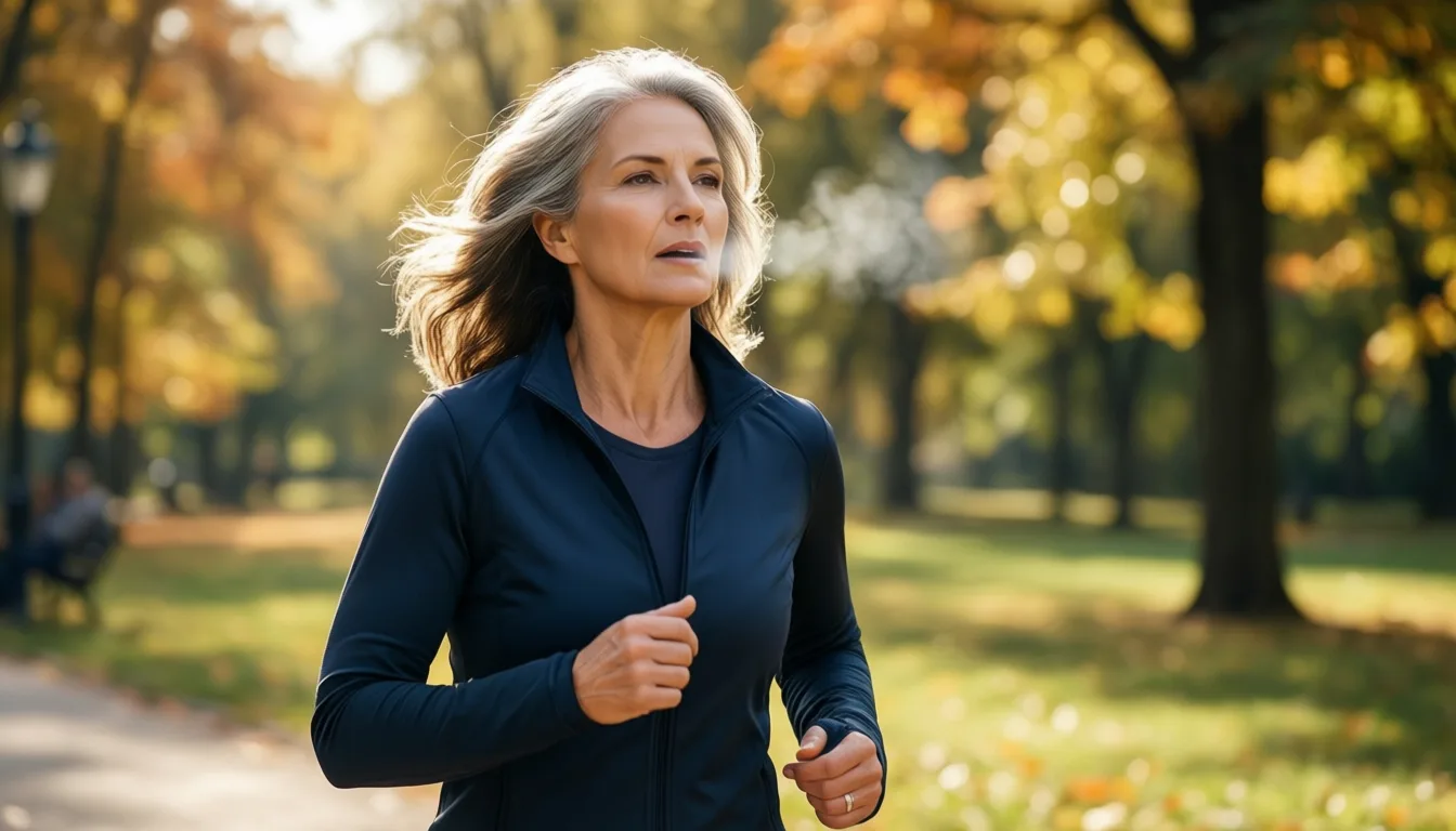 A woman in her sixties walking through a sunlit autumn park