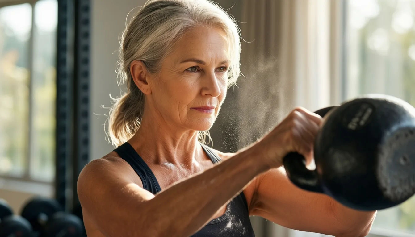 Older adult performing strength training in a home gym