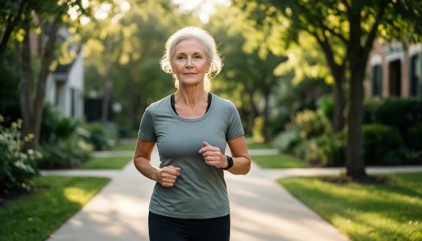 A woman walking briskly outdoors in late afternoon light