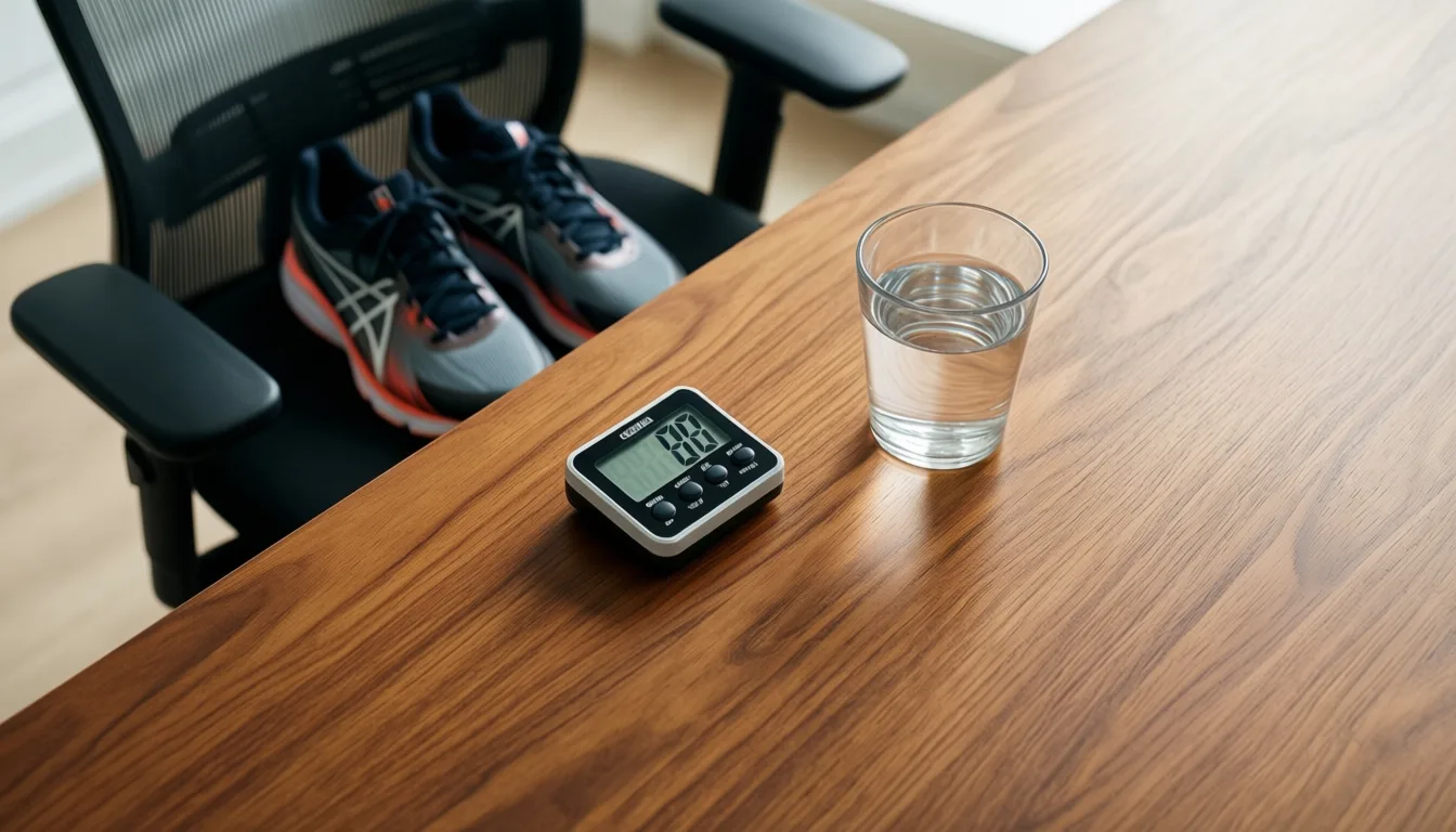 Desk with interval timer and athletic shoes next to an office chair