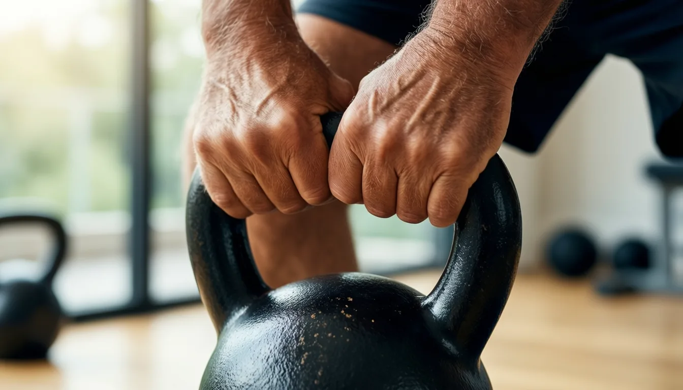 Close-up of hands holding a kettlebell.