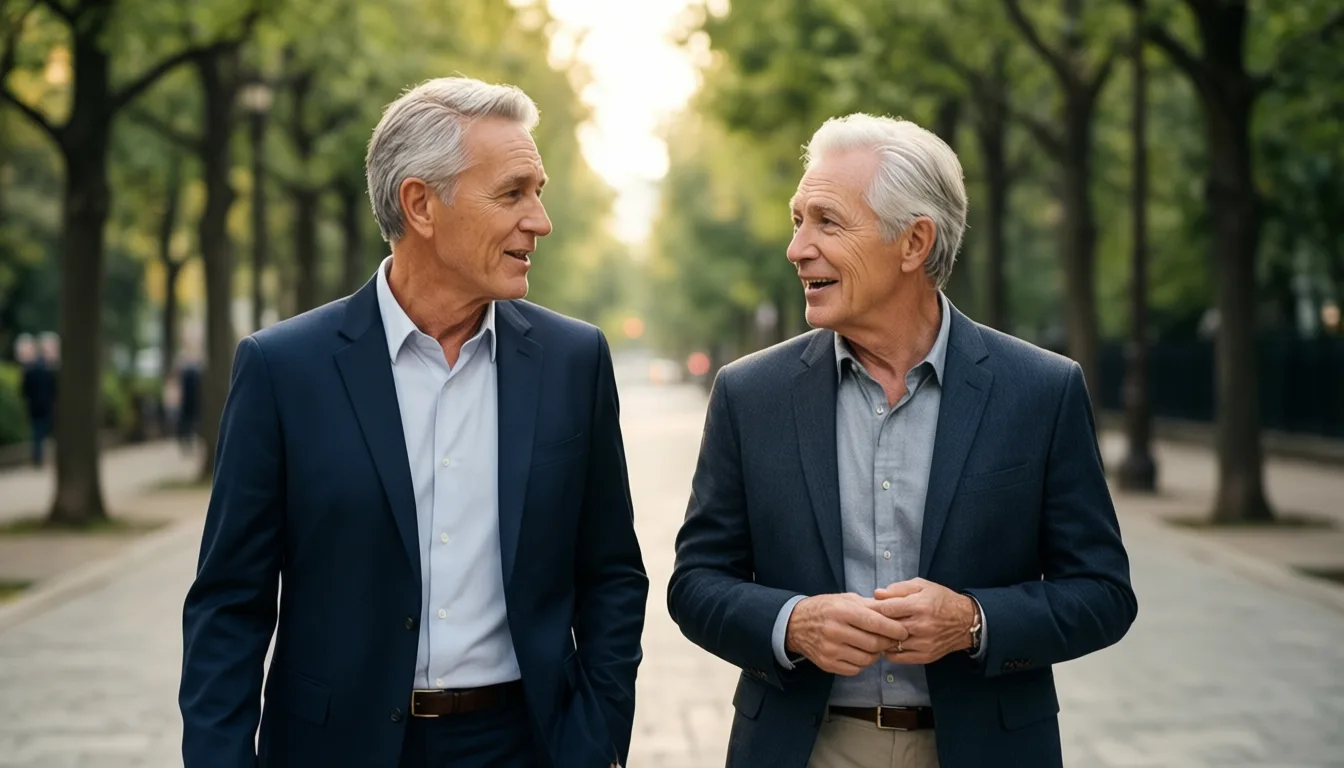 Two older friends walking and talking on a tree-lined path.