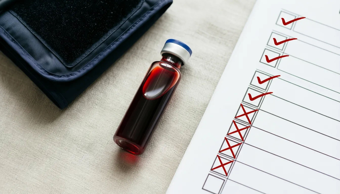 Flat-lay of a blood vial, blood pressure cuff, and a partially checked screening list