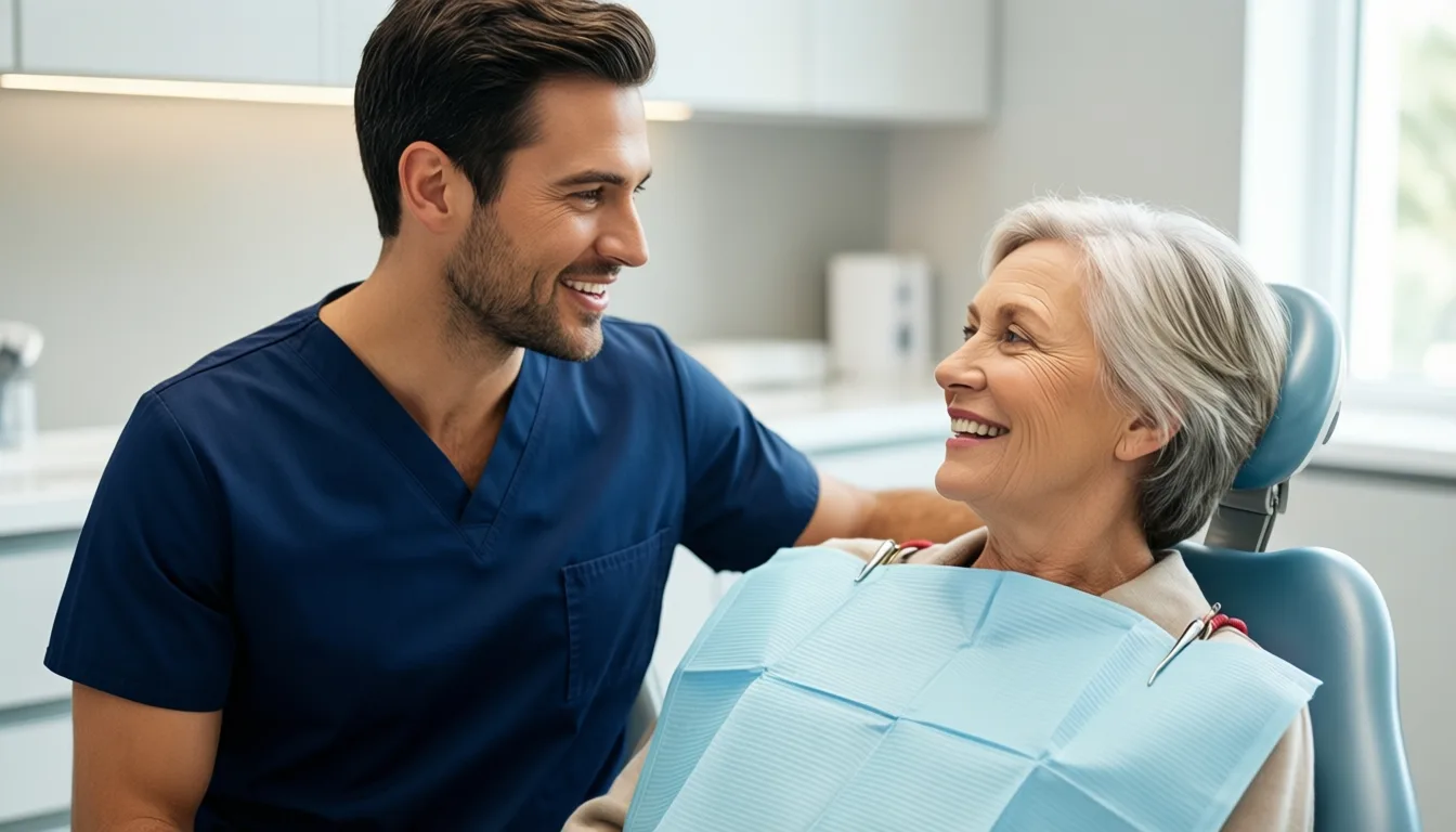 dentist in conversation with an older adult patient in a bright clinic