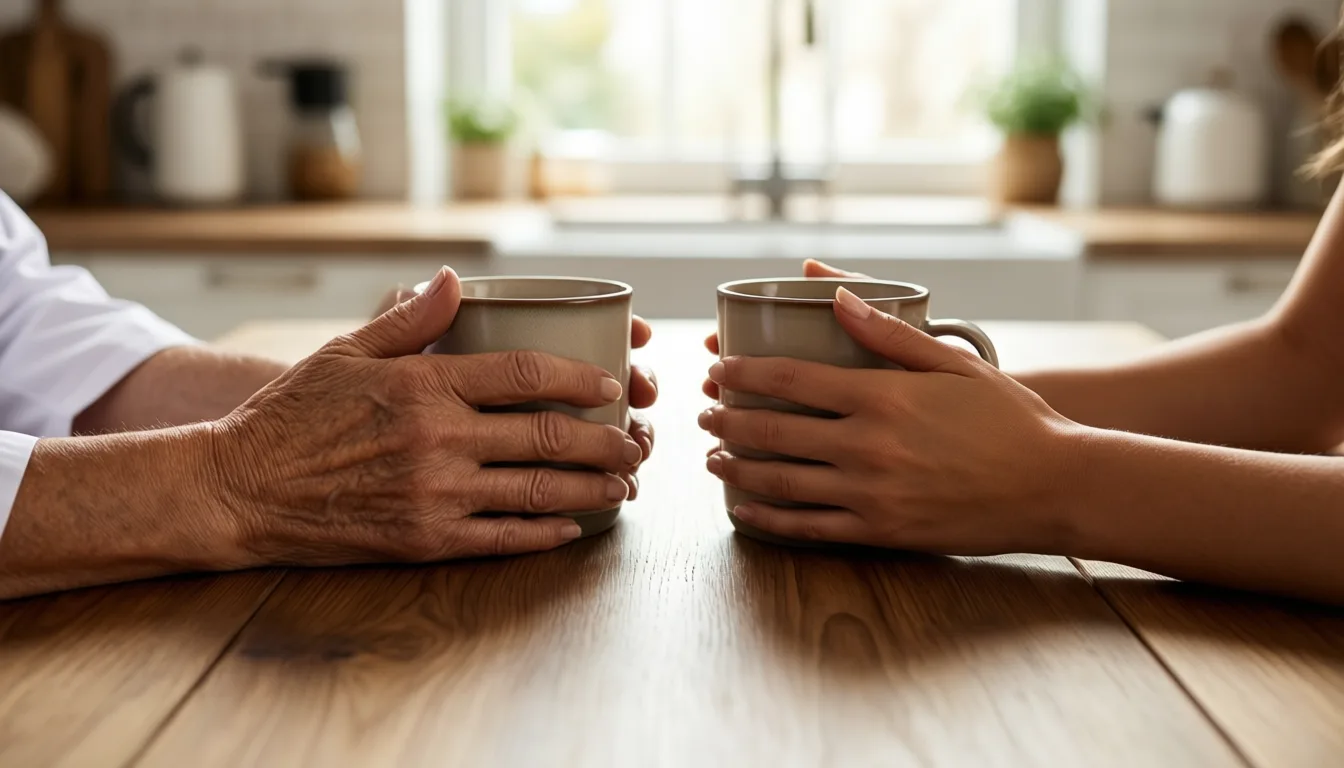 An older woman's hands and her adult daughter's hands resting on a kitchen table with mugs.