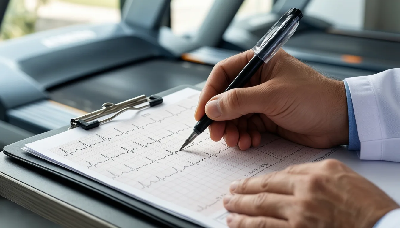 Clinician reviewing a treadmill stress test result printout