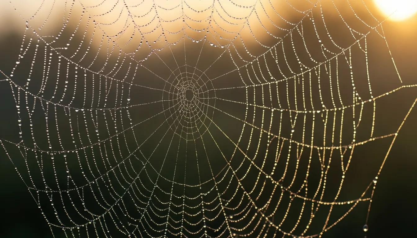 Dew-covered spiderweb at sunrise showing intricate connecting strands