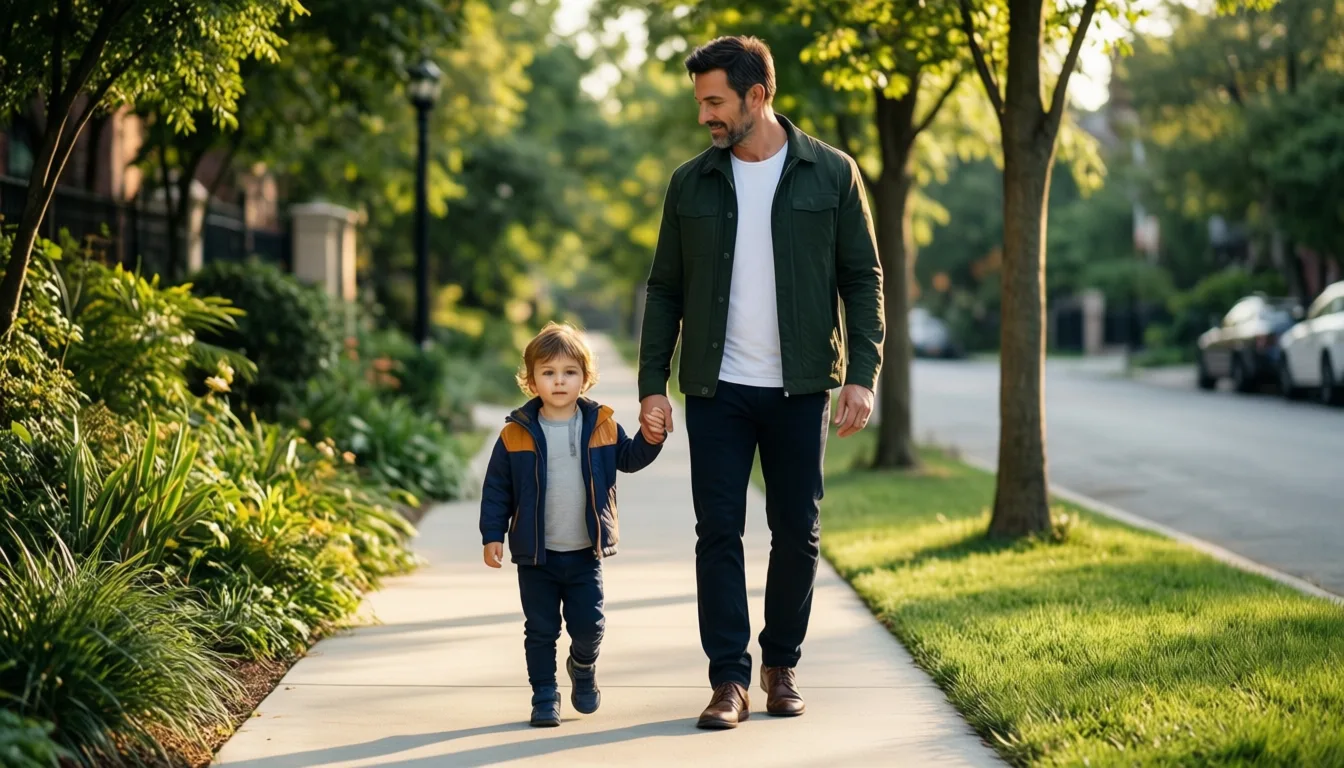 A parent walking with a small child on a quiet street