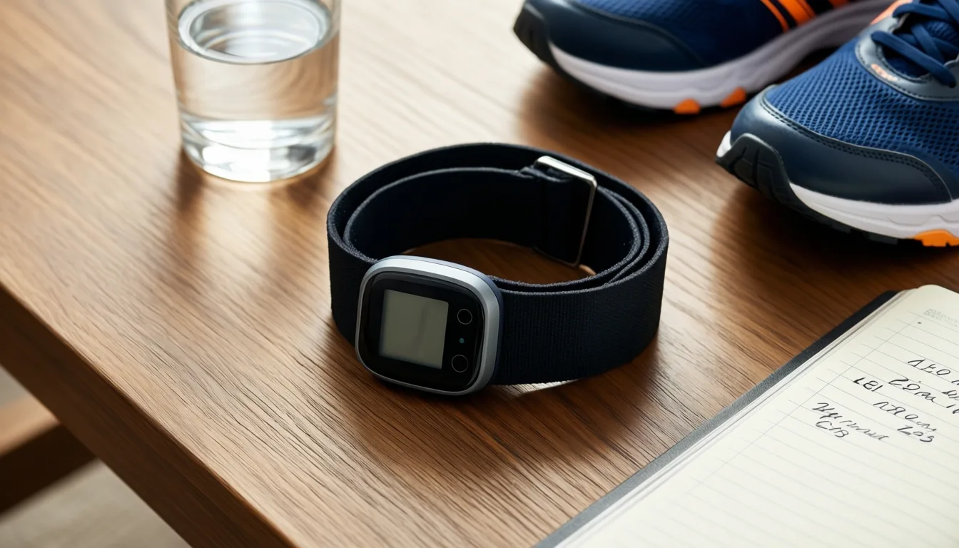 Desk with fitness tracker, water and notebook