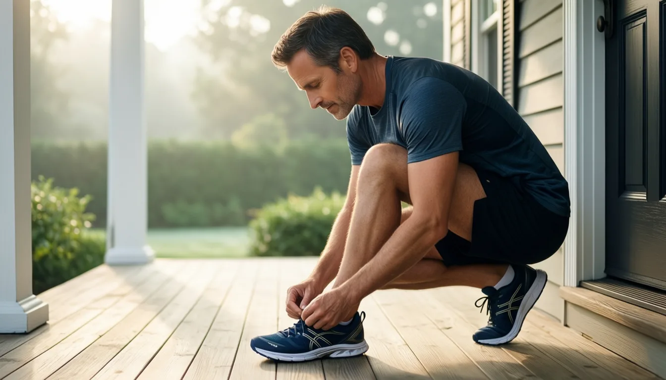 Man tying running shoes at dawn
