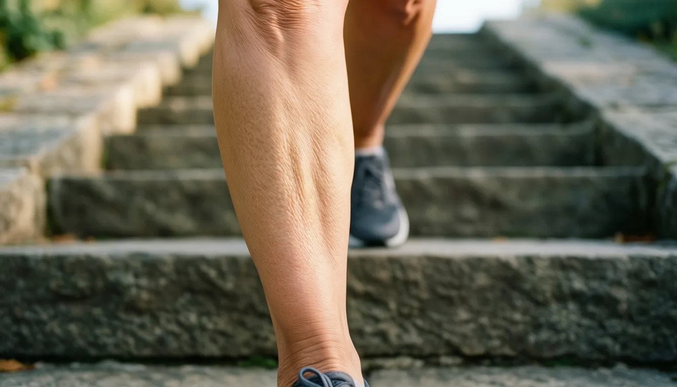 Close-up of a woman's leg climbing stone steps